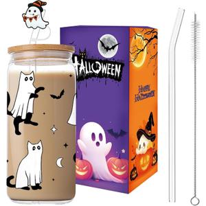 Halloween Ghost Glass Cups,18oz Glass Cup with Lid & Straw, Spooky Gifts for Halloween Lovers