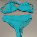 Yonique Thong Bikini Set High Waisted Two Piece Swimsuit High Cut Bikini V Neck Bathing Suit (Small, Aqua)