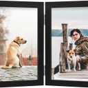 FOREV 5x7 Double Picture Frame Wooden Hinged Photo Frame Definition Glass Stand Vertically on Desktop or Tabletop Black