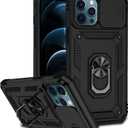 Phone Case for iPhone 12 Pro Max with Camera Lens Cover HD Screen Protector,Military Grade Ring Car Mount Kickstand Hybrid Hard PC Soft TPU Shockproof Protective Black