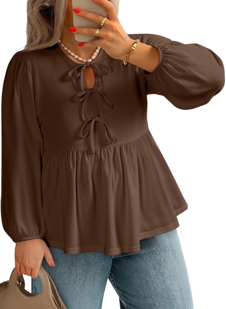 AlvaQ Plus Size Babydoll Tops for Women Dressy Tendy Long Sleeve Crewneck Bow Tie Front Peplum Blouse Shirts,Coffee 1X