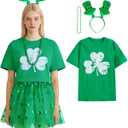 Wynato St Patricks Day Women Crewneck T-Shirt 3PCS Outfits lucky Charms Clover Sweatshirt Shamrock Headband Green Beads Necklace (US, Alpha, Large, Regular, Regular, Green Clover) (L)