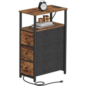 TUTOTAK Narrow Night Stand with Charging Station, Slim End Table with Plugins, Tall Side Table with 3 Fabric Drawer, Small Bedside Table with Storage, Living Room, Bedroom, Brown TB01BB086 ((7.8"D x 15.8"W x 25.5"H))