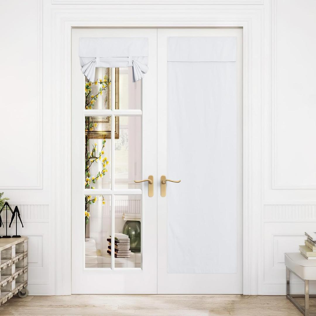 NICETOWN Linen Door Curtain for Window, Farmhouse French Door Shade for Kitchen Bathroom Energy Saving 100% Blackout Tie Up Shade for Patio Sliding Glass, 1 Panel, White, 26" W x 64" L