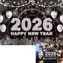BINQOO 2026 New Year Eve Backdrop Black Happy New Year Photo Background City Night Scene Countdown Cheer to 2026 Party Decorations Banner Booth Props (Black, 7x5FT(82 x 59 inch))