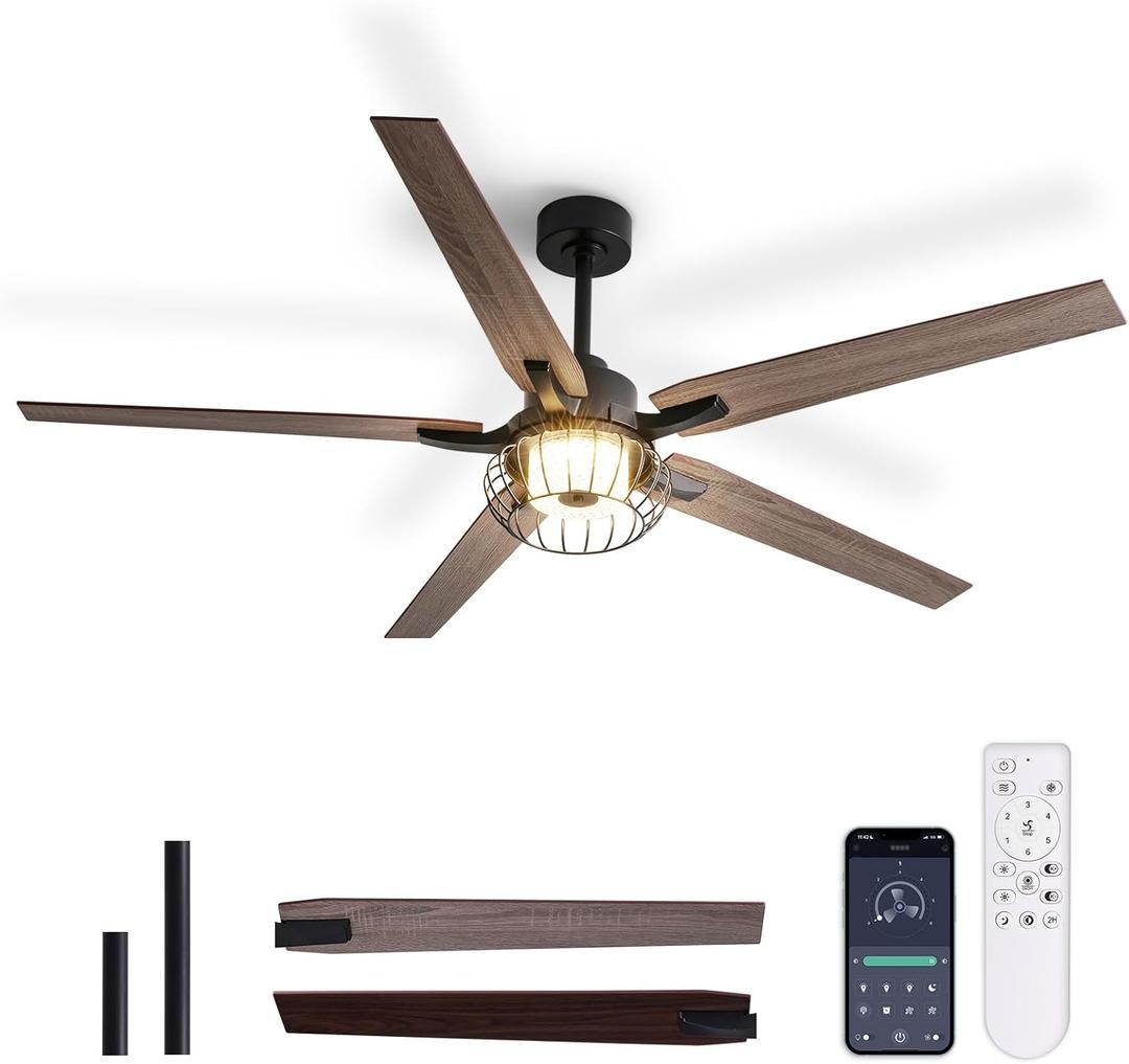 Ceiling Fans with Lights, 64" Industrial Ceiling Fan with Remote/App Control, Dimmable, 6 Wind Speeds, Dual Finish Blades, Reversible Vintage Ceiling Fan for Living Room, Balcony, Farmhouse