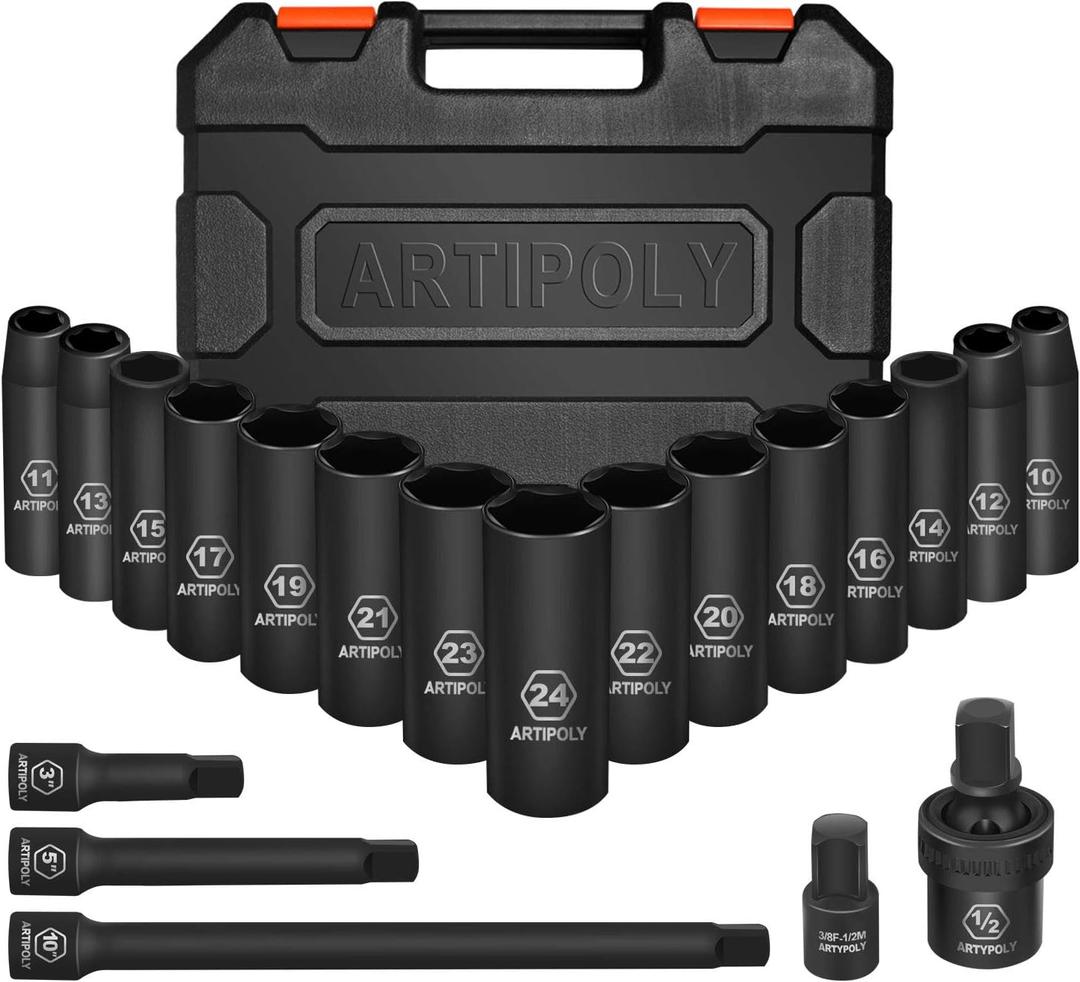 20 Pieces 1/2" Drive Metric Deep Impact Socket Set,10mm-24mm no skip, Includes Extension Bars, Universal Joint and Adapter, 6 Point Design, Meets ANSI Standards