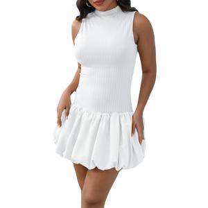 Mojessy Bubble Dress for Women Sexy Sleeveless Mock Neck Knit Mini Y2K Cute Bodycon Short Dress (Large, White)