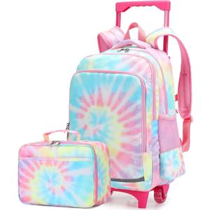 CAMTOP 18 Inch Rolling Backpack With Matching Lunch Bag Set Girls Boys Roller Bag on Wheels Kids School Bookbags Wheeled (Tie Dye Pink)