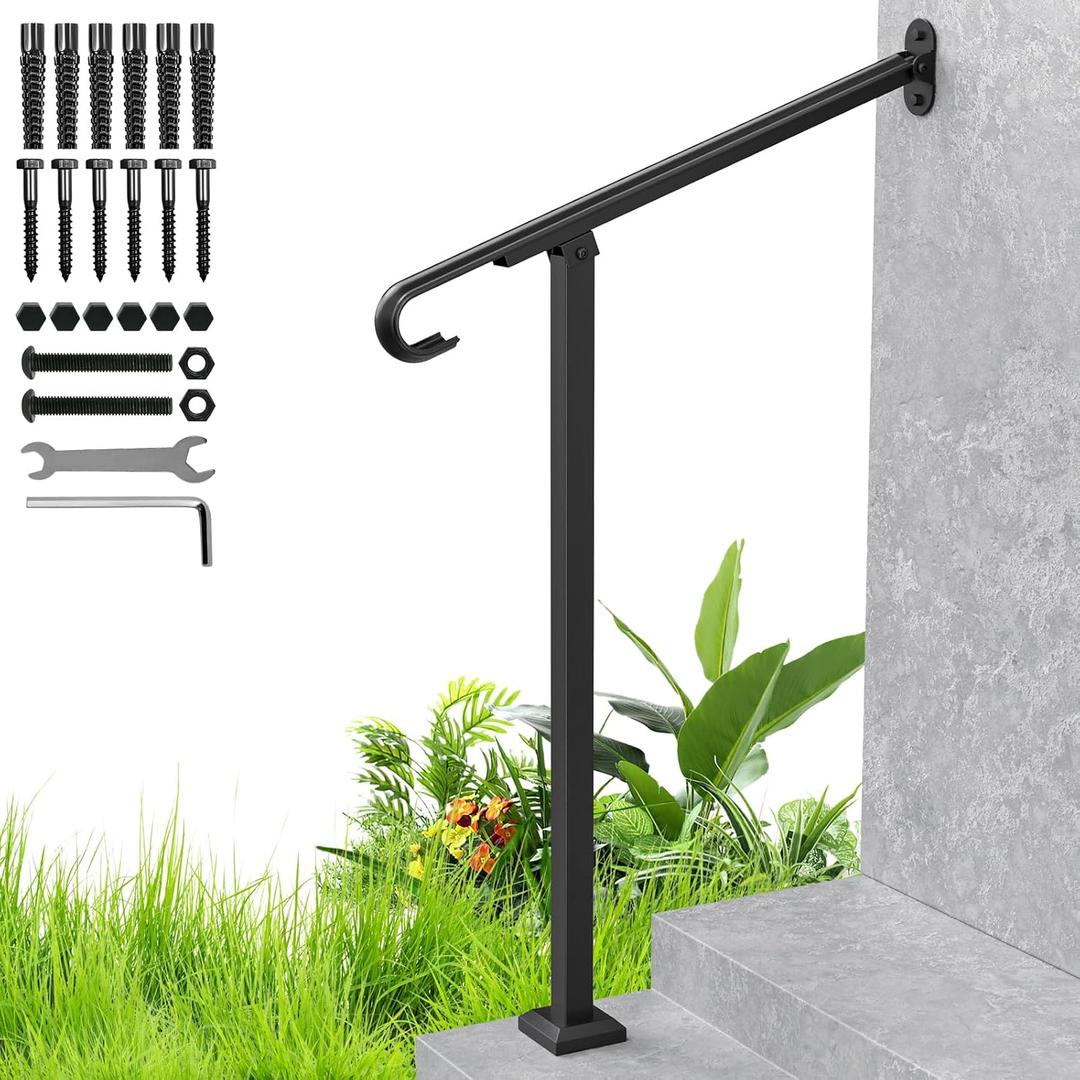 Handrails for Outdoor Steps, 1-2 Step Single Post Handrail, 38" H Rustproof Wrought Iron Stair Railing with Assembly Tool Kit for Concrete Steps, Wood Steps, Black