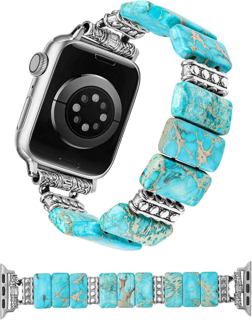 Moolia Natural Stone Bracelet Compatible with Apple Watch Band 41/40/38/42/44/45/46/49mm Women, Handmade Elastic Beaded Western Strap for iWatch Series 11 10 9 8 7 6 5 4 3 2 1 SE & Ultra1/2/3