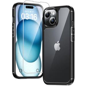 TAURI 3 in 1 for iPhone 15 Case, [Not-Yellowing] with 2X Screen Protectors, [Military Grade Drop Protection] Shockproof Slim Phone Case for iPhone 15, Black