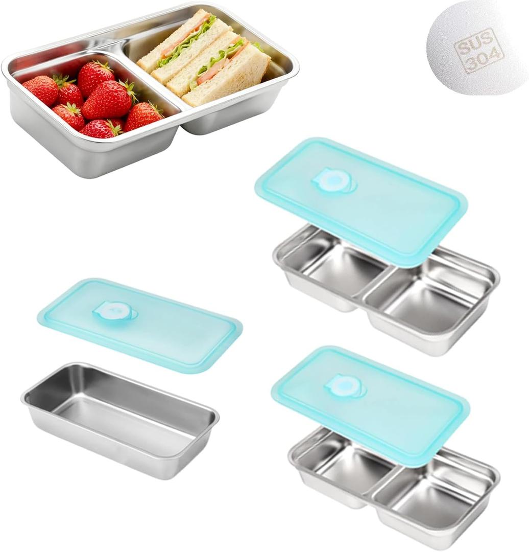 304 Stainless Steel Snack Containers, Grab and Go Snack Containers, Food Grade,100% Leadproof, for Travel and Outdoor Camping, 1pc Single and 2pcs Double compartment, 3 PCS