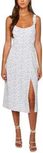 Bonkwa Women Floral Summer Dress Ruffle Strap Sleeveless Midi Sundress Square Neck Casual Slit Vacation Dresses for Women M
