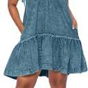 Women Denim Cami Dress Tie Shoulder Ruffle Hem Short Dresses Babydoll Wash Jean Sundress with Pocket, 3XL