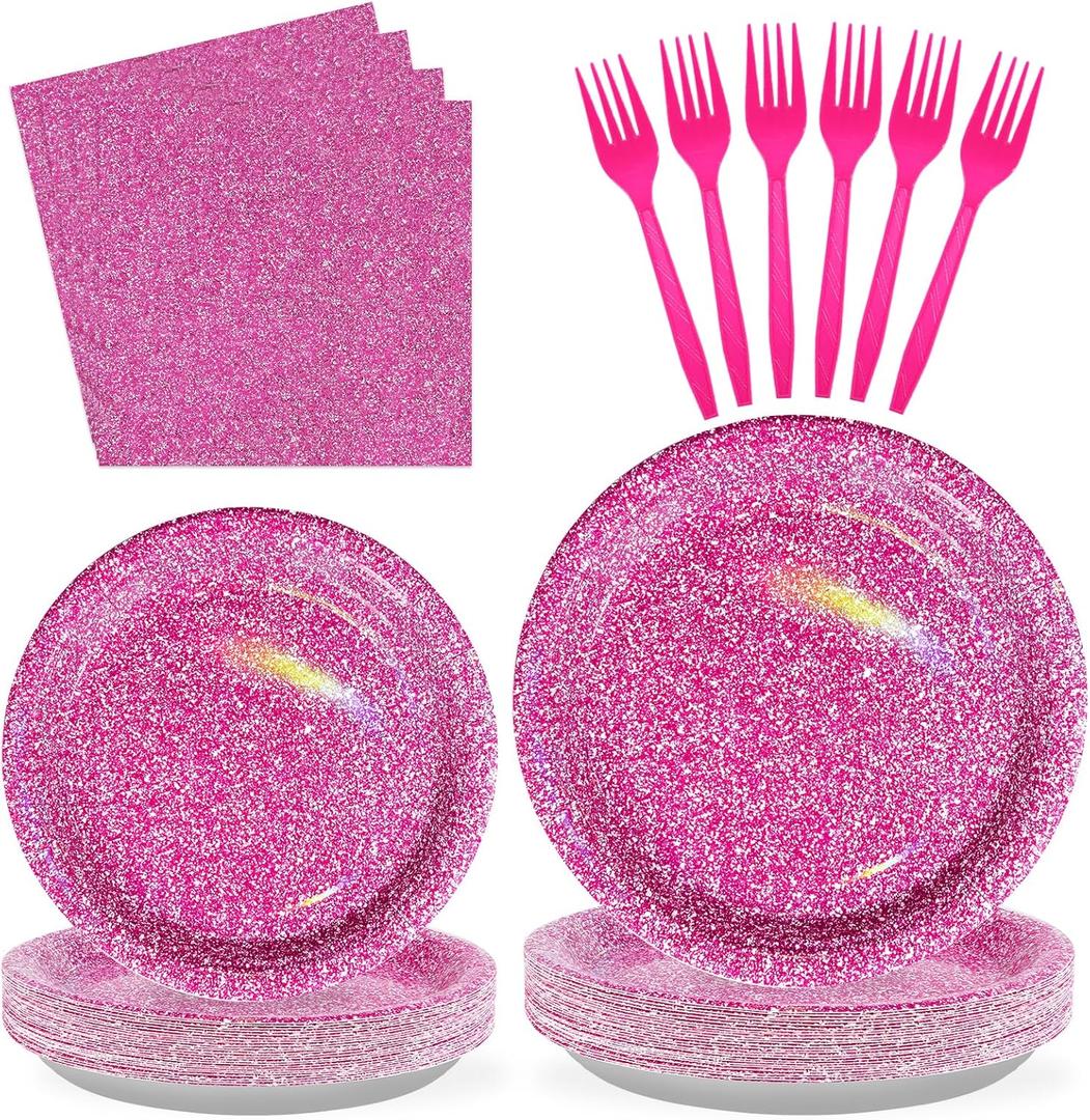 Grencian 96 Pcs Hot Pink Party Supplies Holographic Print Hot Pink Plates and Napkins Tableware Set for Girls Women Birthday Sprinkle Wedding Bachelorette Bridal Shower Decorations Serves 24