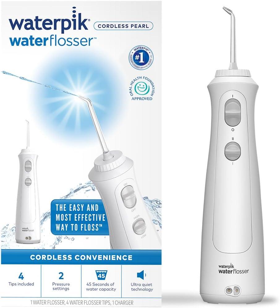 Waterpik Cordless Pearl Water Flosser Bundle with 4 Tips, 7oz Reservoir, 2 Pressure Settings, Rechargeable Battery and Charger (White)