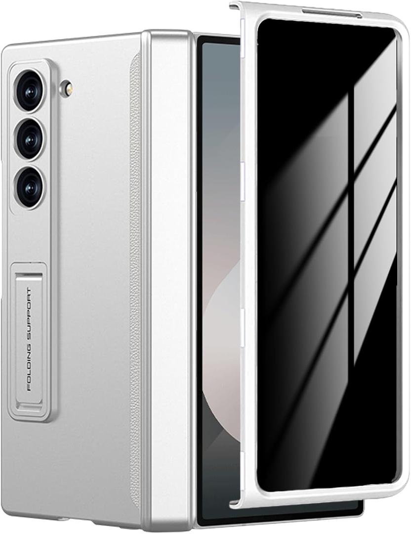 for Samsung Galaxy Z Fold 6 Case with Privacy Screen Protector, Fold6 Anti-Spy Phone Case with Kickstand Hinge Protection Scratch-Resistant Privacy Protective Cover for Z Fold 6 Silver