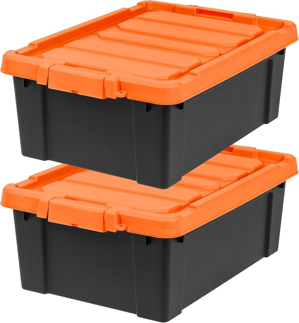 IRIS USA 12 Gallon Lockable Storage Bins with Lids, 2 Pack - Made in USA, Heavy Duty, Stackable Containers, Garage Organizing Bins Moving Tubs, Rugged Sturdy Equipment Utility Box - Black/Orange