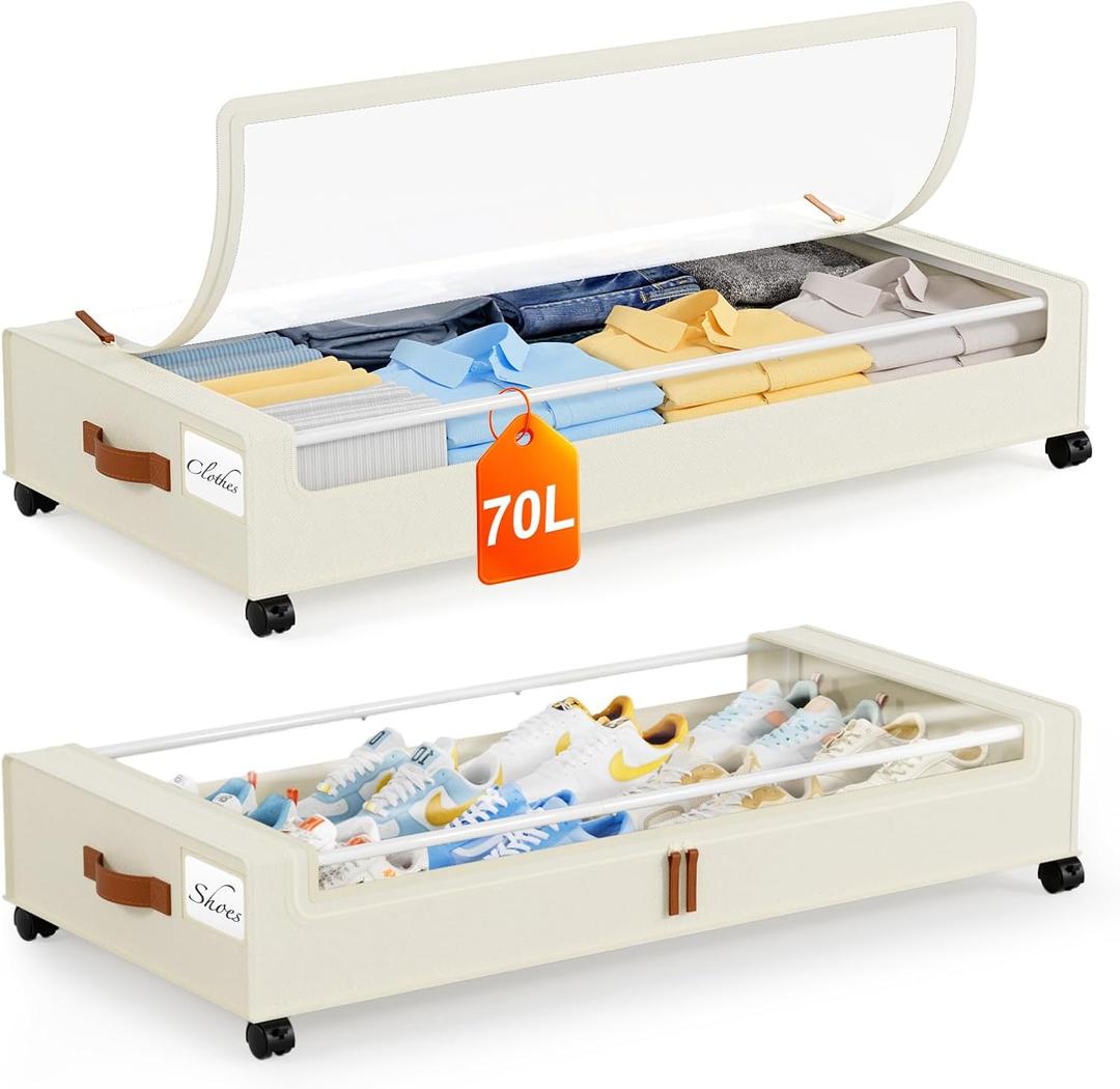 Yecaye Under Bed Storage with Wheels 2Pack, 70L Larger Capacity Under Bed Storage Containers, Underbed Shoe Storage Organizer, Rolling Under Bed Metal Drawers for Clothes, Blankets(35.5 x 17 x 6.7in)