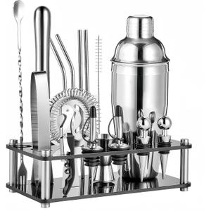 18-Piece Professional Cocktail Shaker Set and Bartender Kit with Stand, Stainless Steel Bar Tools Gift Set with Muddler, Jigger, Mixing Spoon for Home Bar and Mixology
