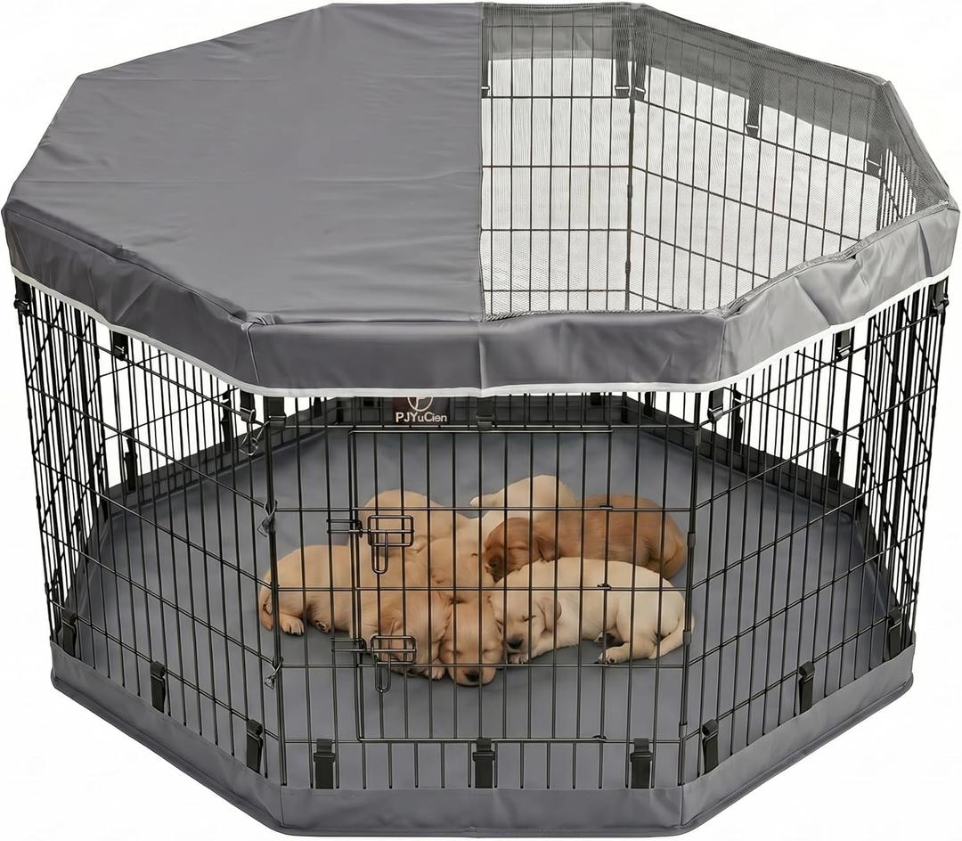 PJYuCien Dog Playpen with Top Cover and Bottom Pad - Metal Foldable Exercise Pen, 8 Panels 36" H x 24" W Indoor Outdoor Pet Fence Puppy Crate Kennel, Gray (Grey)