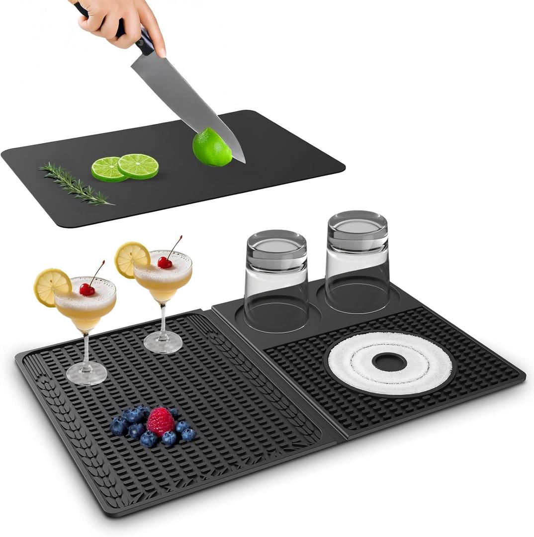 4-in-1 Bar Mats Home Bar Accessories for Countertop, Multi-Purpose Cocktail Mat with Cutting Board for Bartending ect, 18.11" x 11.8" for Bar, Outdoor Camping, Home Bar Mats