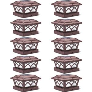 SIEDiNLAR Solar Post Cap Lights Outdoor Glass 2 Color Modes 8 LEDs for 4x4 5x5 6x6 Wooden Vinyl Posts Deck Fence Patio Decoration Warm White & Cool White Lighting Brown (10 Pack)