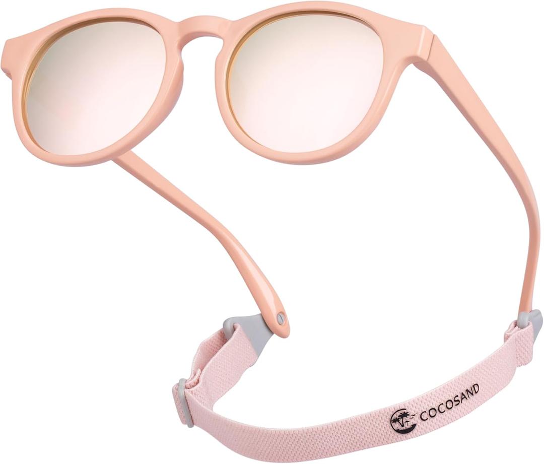 COCOSAND Baby Toddler Sunglasses with Strap Polarized Flexible Round Frame for Newborn Infant Kids Boy Girl Age 0-6 Years Old (Pink With Pink Lens)