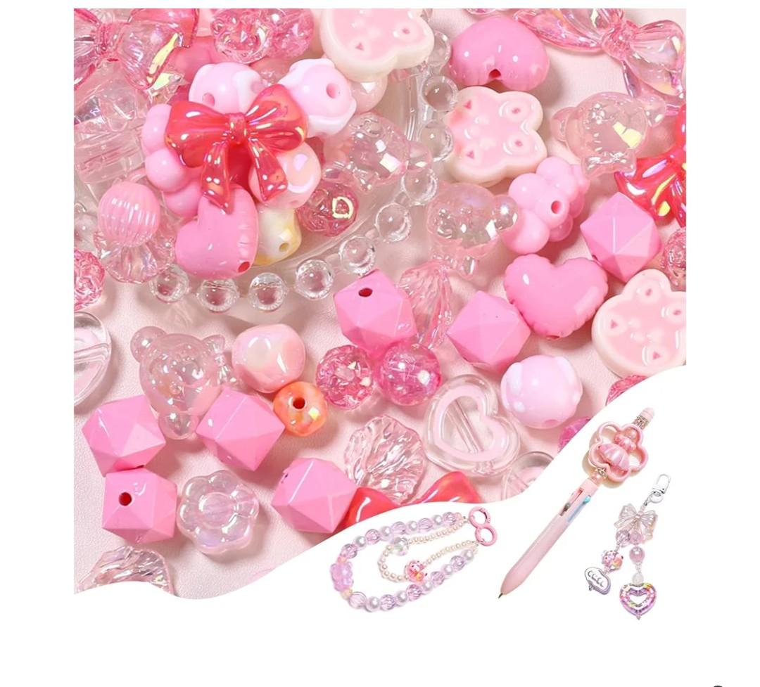 45-60PCS Large Acrylic Pink Glitter Assorted Beads for Bracelet Making UV Plating Focal Beads for Pens Flower Bow Bear Heart Star Pastel Chunky Cute Bead for DIY Jewelry Necklace Keychain Phone Charm