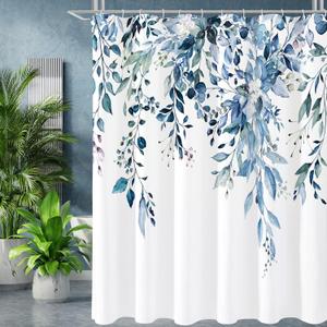 Gibelle Blue Eucalyptus Shower Curtain, Watercolor Plant Leaves with Floral Bathroom Shower Curtain Set with Hooks, 72x72