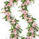 Giegxin 2 Pack 6 ft Artificial Flower Garland with Rose and Daisy Flower Pink Fake Wisteria Vines Summer Greenery Eucalyptus Garland for Wedding Mantle Porch Stair Table Indoor Decor