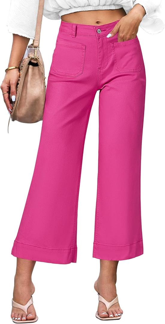 luvamia Wide Leg Jeans for Women Trendy High Waisted Flare Jeans Cropped Denim Pants Stretchy Baggy with Patch Pockets (X-Large, Hot Pink)