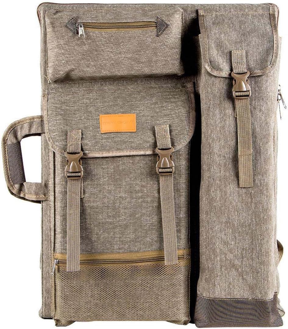 TRANSON Art Portfolio Case Artist Backpack Canvas Bag Large 26 x 19.5 (Khaki)