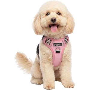 Funfox Dog Harness No Pull, Adjustable Pet Vest Harness, Super Soft Material with Vertical Handle Easy Control, Reflective Night Walking, 2 Leash Clips for Small Sized Dogs, Pink