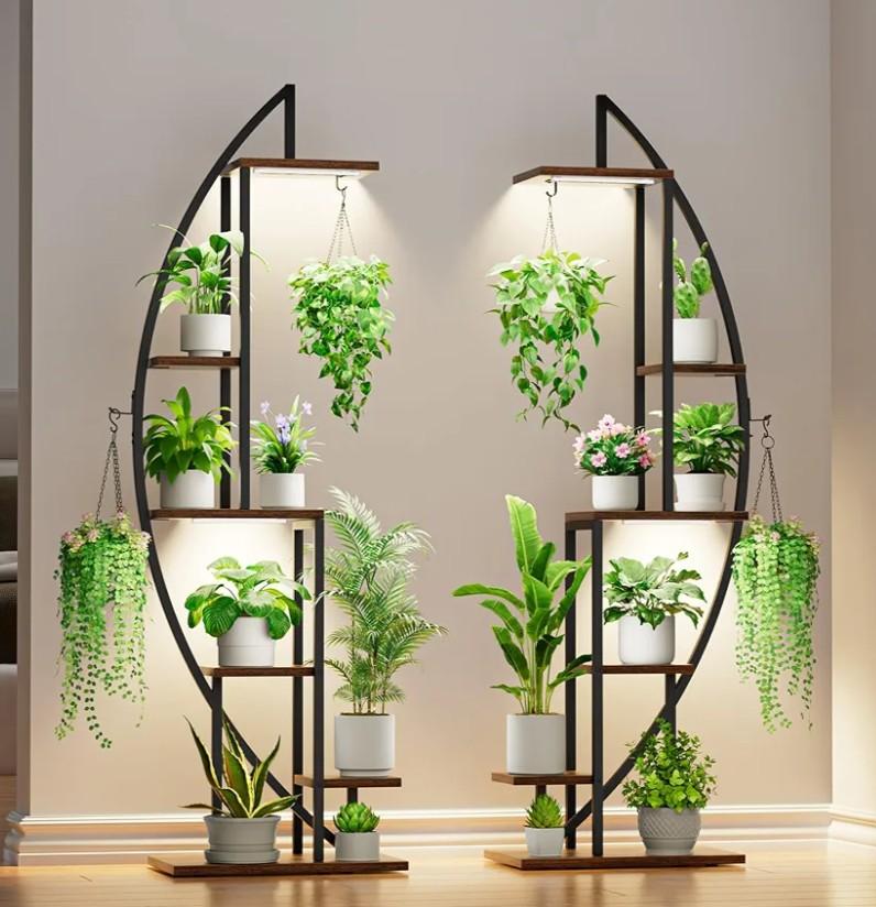 Plant Stand Indoor with Grow Lights, 6 Tiered Tall Plant Shelf, 63" Metal Plant Stand for Indoor Plants Multiple, Half-Moon Plant Rack Display Shelf, 2 Pcs Plant Holder for Living Room, Patio