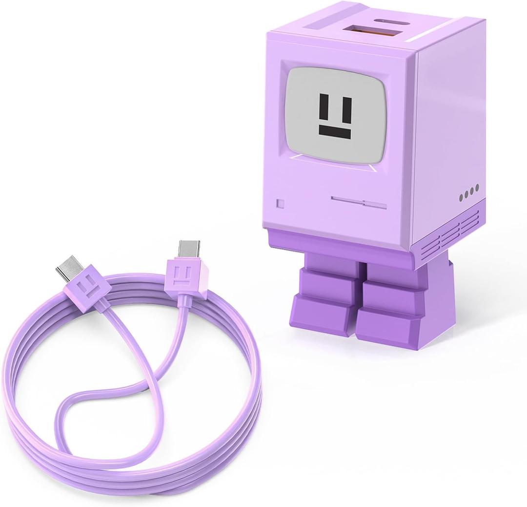 Aolcev USB C Cable for iPhone 17 Charger Fast Charging Robot USB C Wall Charger Block 30W Type C Cord Cute Fast Charging Blocks for iPhone 16 15 Pro Max iPad Galaxy S25 Phone Charging for Women Purple
