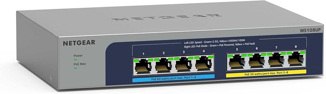 Netgear 8-Port Ultra60 PoE++ Multi-Gigabit (2.5G) Ethernet Plus Switch - 8 Ports - 2.5 Gigabit Ethernet - 2.5GBase-T - 3 Layer Supported - 270.50 W Power Consumption - 230 W PoE Budget - Twisted Pair