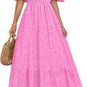 ZESICA Women's 2025 Summer Off Shoulder Ruffle Midi Dress Short Sleeve High Waist Hollow Out Embroidery Party Dresses, Medium
