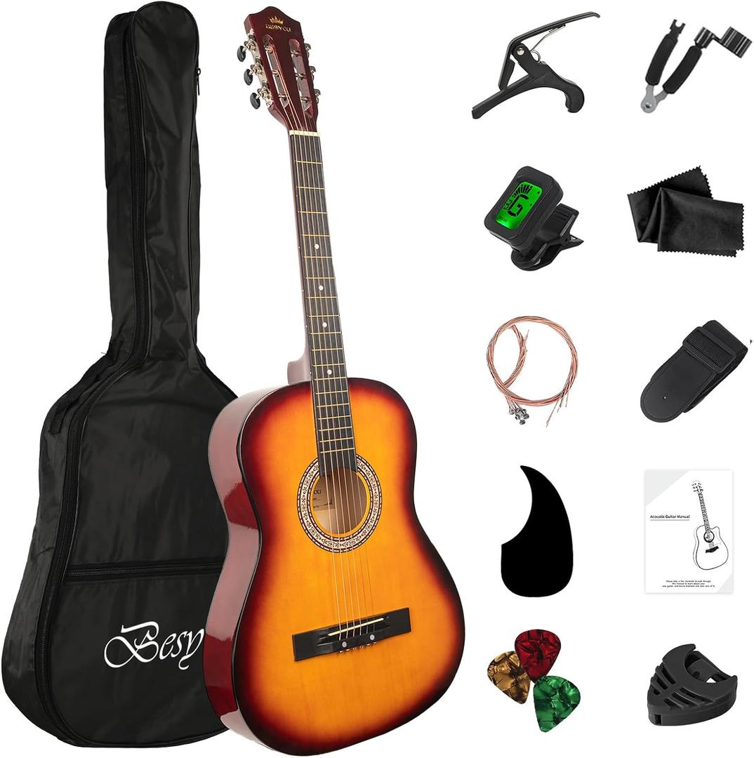 38in Beginner Acoustic Guitar Basic Starter Kit Tuner Bag Capo Strings Winders Strap Picks Student Kids Guitar Pickguard with Gig Bag Sunburst