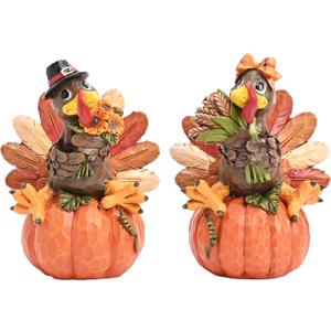 Valery Madelyn Fall Decorations for Home, 2 Pcs Thanksgiving Turkey Pumpkin Decor for Table Indoor Outdoor, Resin Fall Decor Sunflower Garden Figurines for Autumn Harvest Porch Tiered Tray, 5"