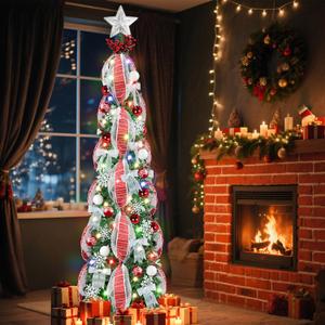 6Ft Prelit Pop Up Christmas Tree with Lights, Collapsible Artificial Christmas Tree Decorations, Foldable Pre Decorated with Ribbon, Bows, Balls, Indoor Outdoor Holiday Party Xmas Decorations (Red and White Striped Ribbon)