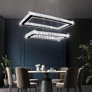 Finktonglan Modern Chandelier, Rectangular 2 Rings Crystal Pendant Chandeliers LED Pendant Ceiling Light for Dining Room Living Bedrooms (6000K Cool White)