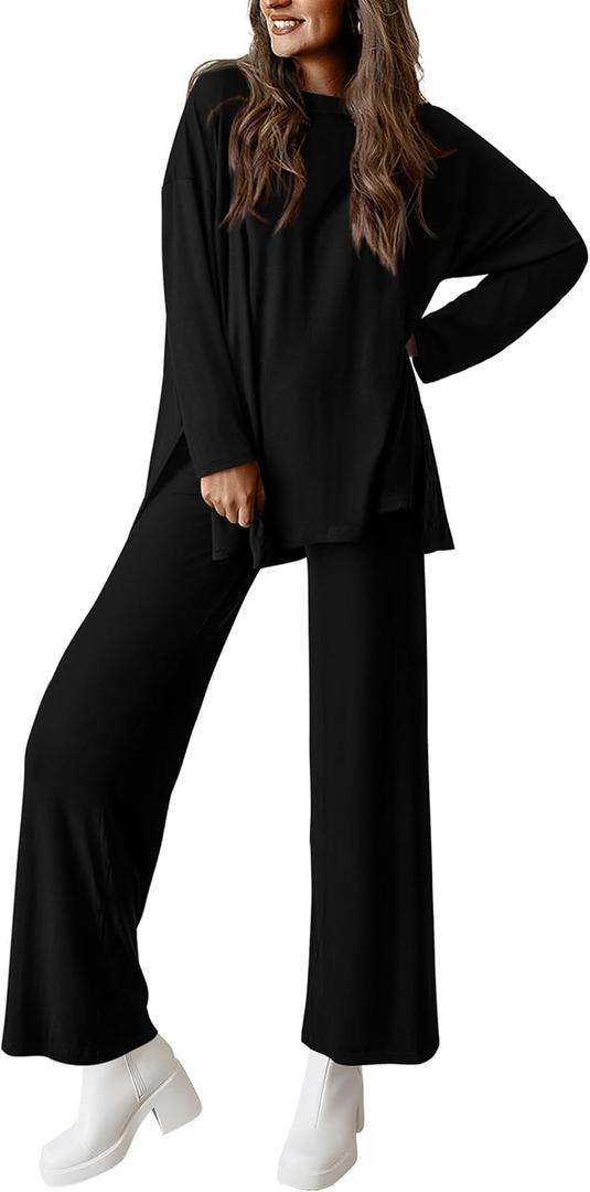 PRETTYGARDEN Women's Two Piece Lounge Sets Matching Long Sleeve Shirts Wide Leg Pants Tracksuits Travel Outfits Fall Clothes (Medium, Black)