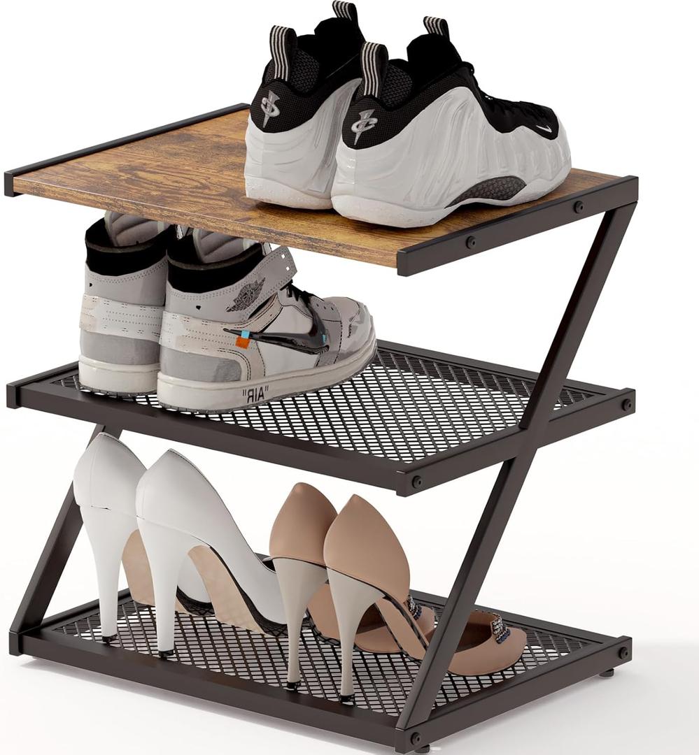 Shoe Rack, Z-Frame Wooden Shoe Shelf with Heavy-Duty Metal Mesh Shelves for Hallway, Living Room, Closet, and Bedroom Organization - Organize Your Shoes in Style (16.54" x 10.24" x 16.14") (Rustic Brown)