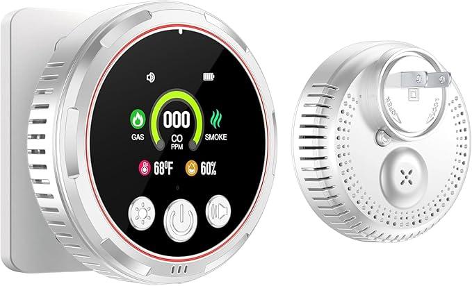 5-in-1 Plug in Carbon Monoxide Detector & Smoke & Natural Gas Combination Detectors with Backup Battery Temp Humidity 85dB CO Alarm for Home Hotel RV White