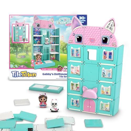 Tile Town Gabby’s Dollhouse 35-Piece Magnetic Tile Playset, Interactive STEM Magnetic Tiles Toys, Includes Gabby & Pandy Paws Figures, Action Tiles, Missing Parts