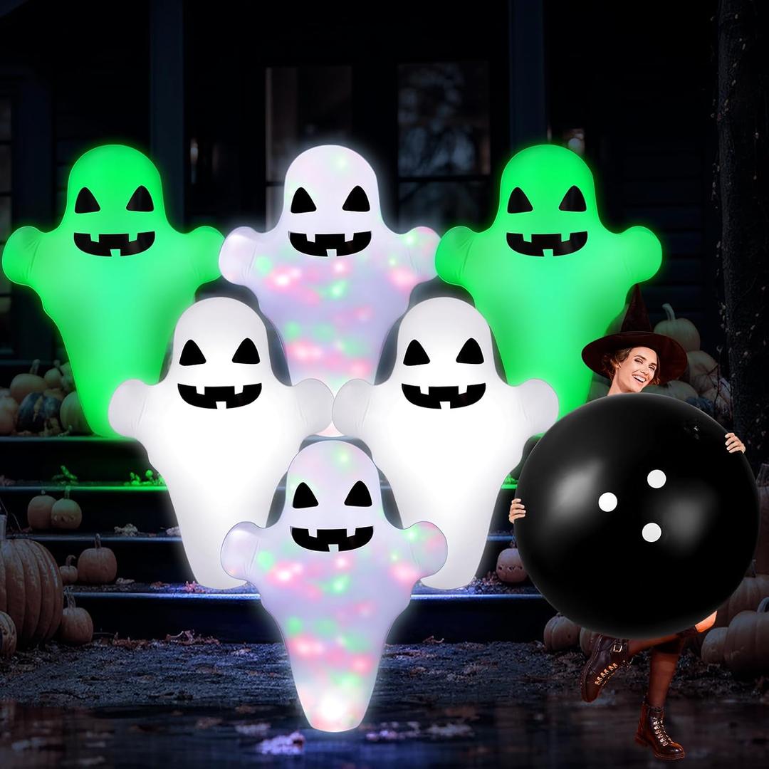 7 Pcs LED Giant Halloween Inflatable Ghost Bowling Set Light up Game 6 Pcs 27" Ghost Bowling Pins and 1 Pcs 24" Ball for Adult Halloween Outdoor Indoor Party