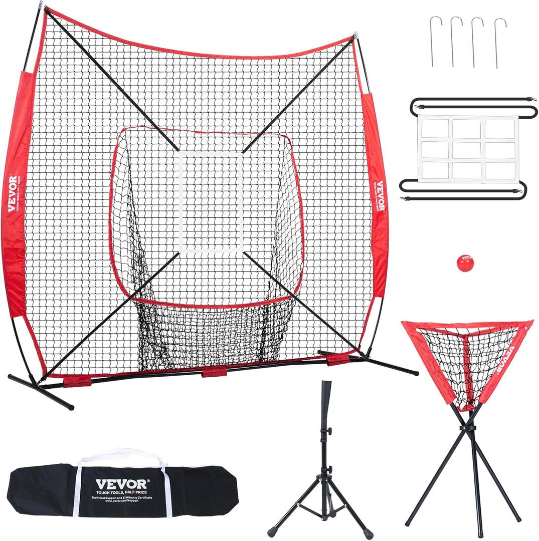 VEVOR Softball Practice Net, Portable Baseball Training Net for Hitting, Batting, Catching, Pitching - Backstop Equipment with Bow Frame, Carry Bag, Strike Zone, Batting Tee
