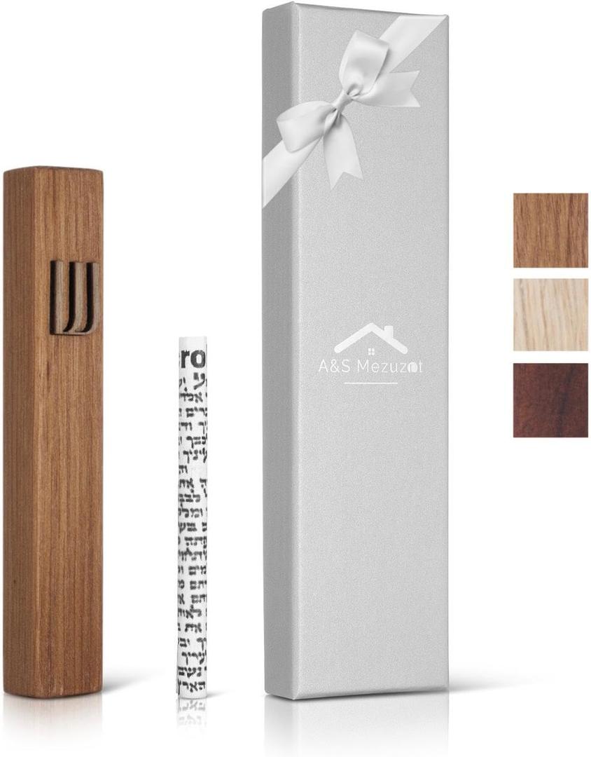 Wood Mezuzah Case With Scroll For Door Modern/ Traditional Design, Easy Peel and Stick Mezuzah cover, Home Blessing And Protection Houswarming Gift. (Oak+ Wood, 6 Inches)